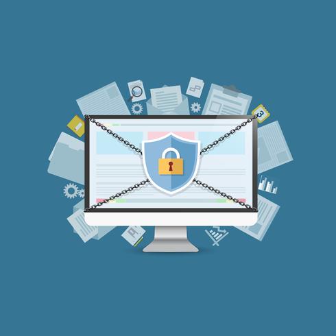 Concept is security data center .Shield on Computer Desktop  protect sensitive data. Internet security. Vector Illustration.