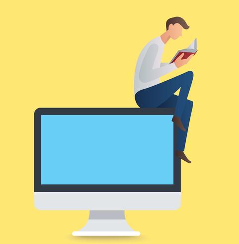 man reading book sitting on a computer vector illustration