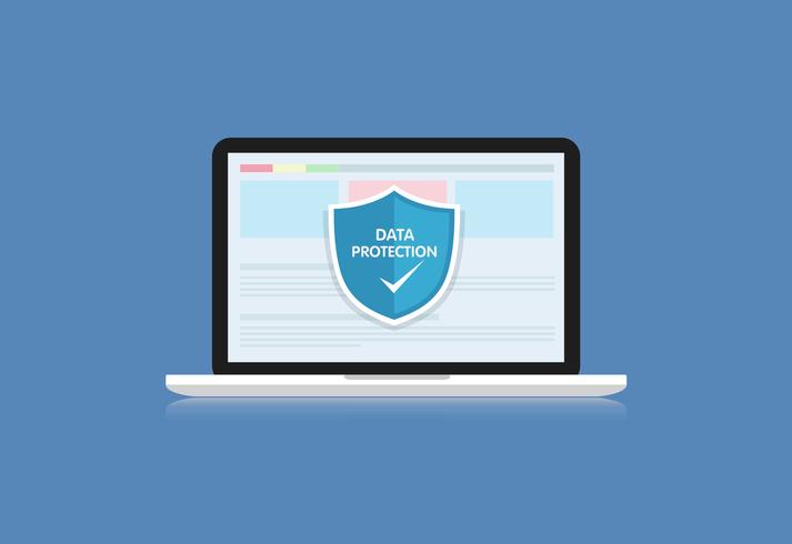 Concept is data security .Shield on Computer Laptop protect sensitive data. Internet security. Vector Illustration