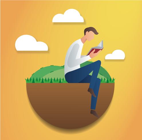 man sitting in the park and reading book vector illustration