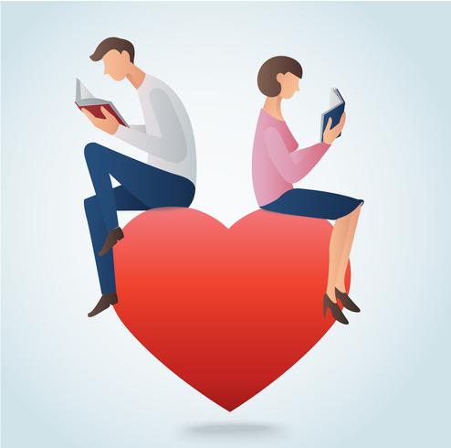 man and woman reading books and sitting on big red heart, love reading concept   vector