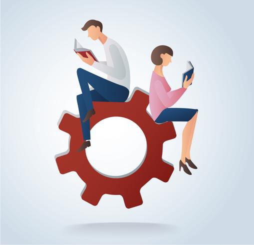 man and woman reading books on gears icon, concept of education vector illustration 