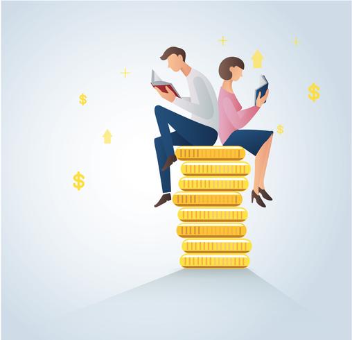 man and woman reading books on coins, business concept vector illustration