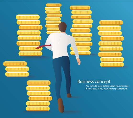 Hombre de negocios infografía corriendo en el camino con el vector de monedas. Ilustración del concepto de negocio