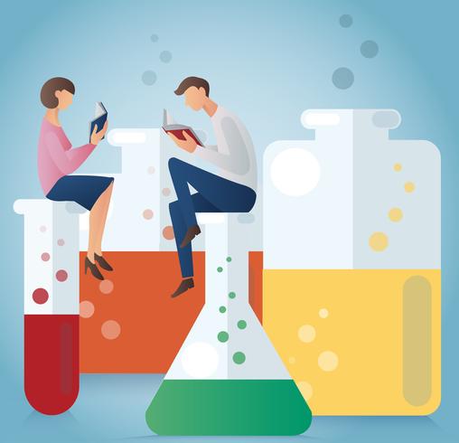 man and woman reading book sitting on glassware for chemical vector illustration