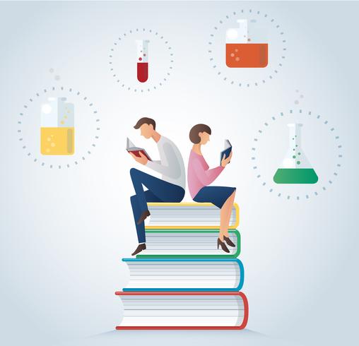 man and woman reading book sitting on glassware for chemical vector illustration