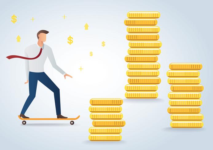 businessman on skateboard and gold coins background vector illustration