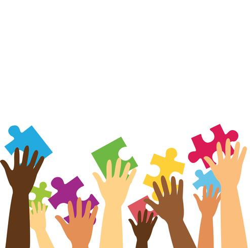 many hands holding colorful puzzle pieces background vector illustration