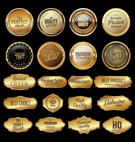 Insignias y etiquetas de oro premium de lujo vector