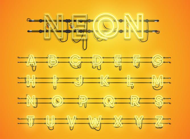 Realistic glowing yellow neon charcter set vector