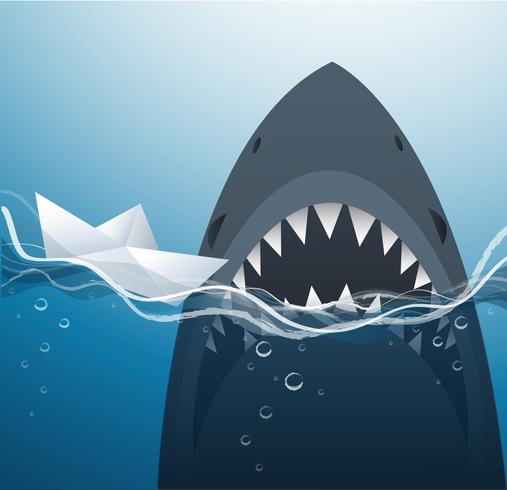 paper boat and shark in the blue sea  background vector illustration