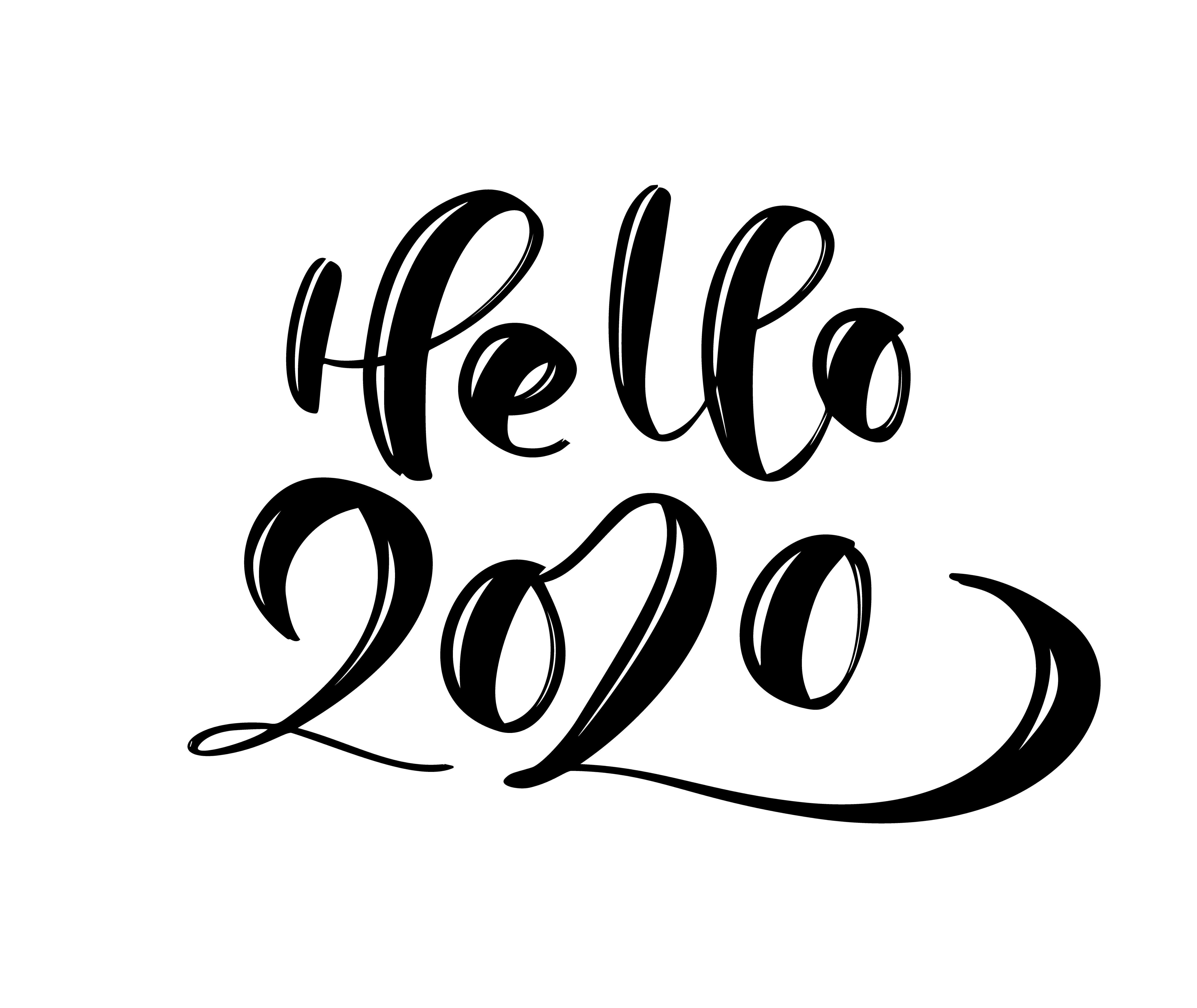 Hand drawn vector lettering calligraphy black number text Hello 2020. Happy New Year greeting ...