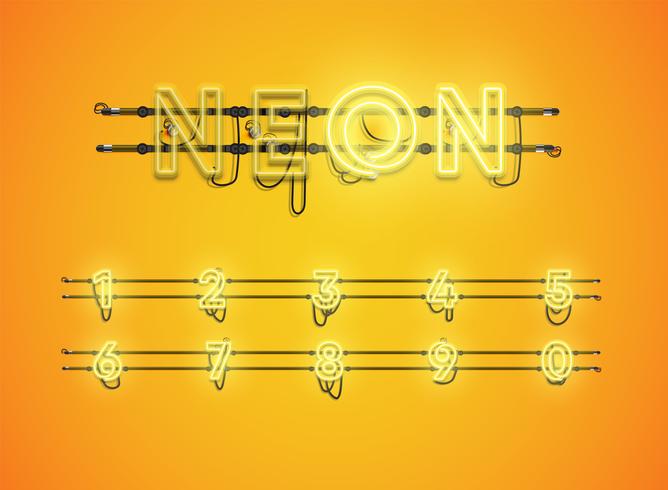 Realistic glowing yellow neon charcter set vector