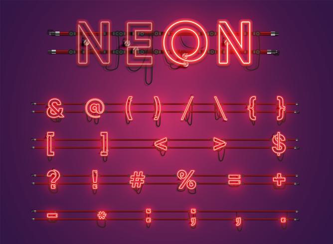 Realista púrpura brillante conjunto de caracteres de neón vector