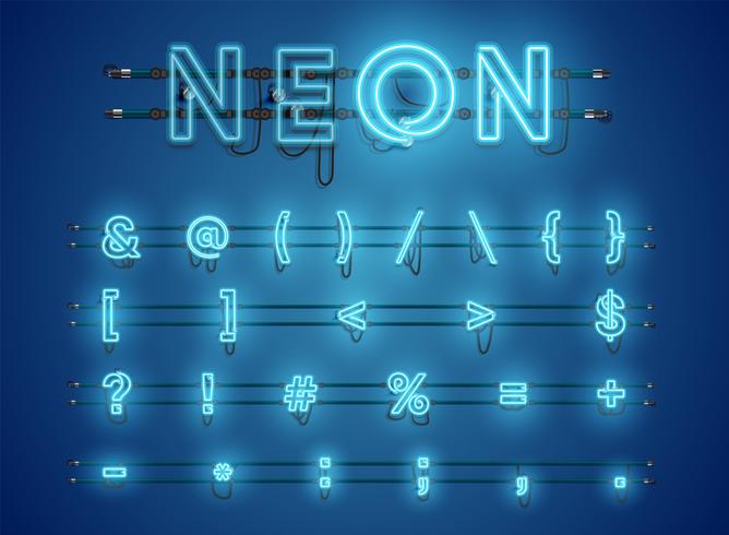 Realistic glowing blue neon charcter set vector