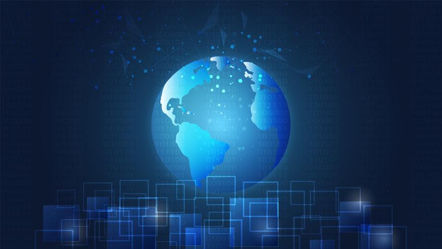 Conexión de red global, placas de circuitos digitales y fondo de mapa mundial. vector