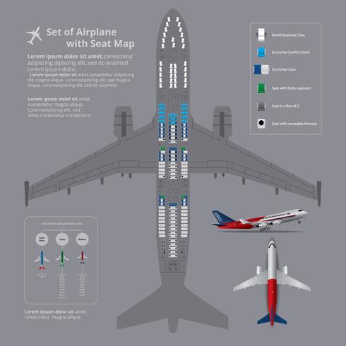 Conjunto de avión con mapa de asiento aislado ilustración vectorial vector