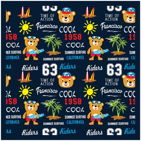 vector seamless pattern with cartoon animals, bear the surfer, beach sport