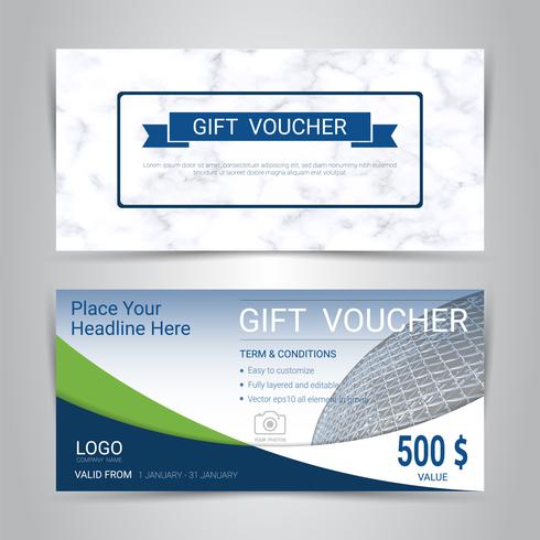 Gift certificates and vouchers, discount coupon or banner web template with marble texture imitation background. vector