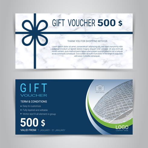 Gift certificates and vouchers, discount coupon or banner web template with marble texture imitation background. vector