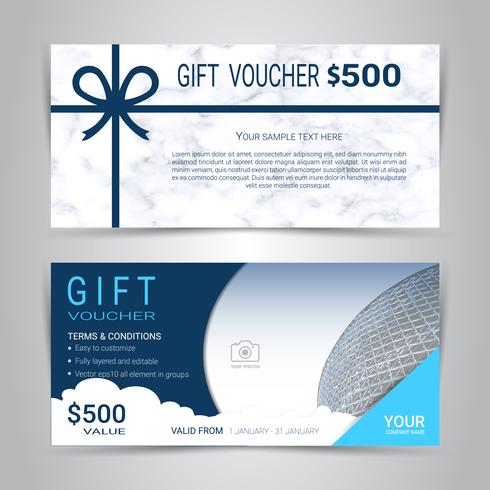 Gift certificates and vouchers, discount coupon or banner web template with marble texture imitation background. vector