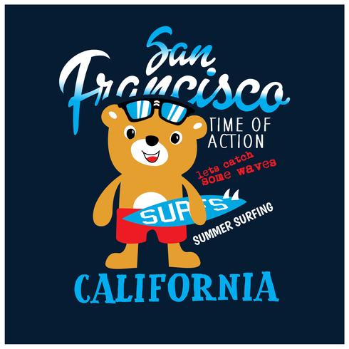 Ilustración de vector de oso surfista. Camiseta gráfica.