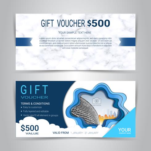 Gift certificates and vouchers, discount coupon or banner web template with marble texture imitation background. vector