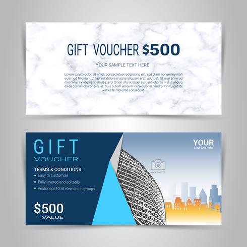 Gift certificates and vouchers, discount coupon or banner web template with marble texture imitation background. vector