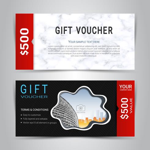 Gift certificates and vouchers, discount coupon or banner web template with marble texture imitation background. vector