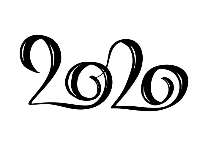 Dibujado a mano vector Letras caligrafía negro número texto 2020. Tarjeta de felicitación de feliz año nuevo. Diseño de ilustración de Navidad vintage