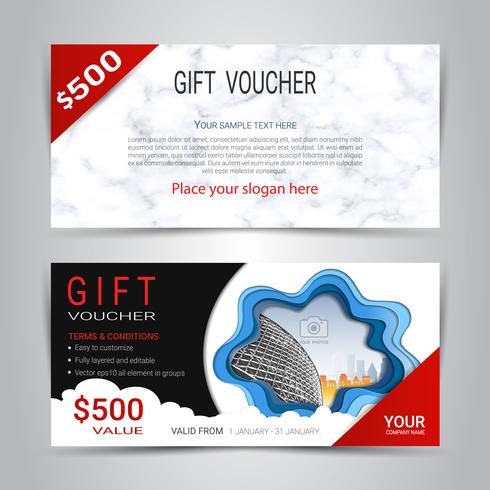 Gift certificates and vouchers, discount coupon or banner web template with marble texture imitation background. vector