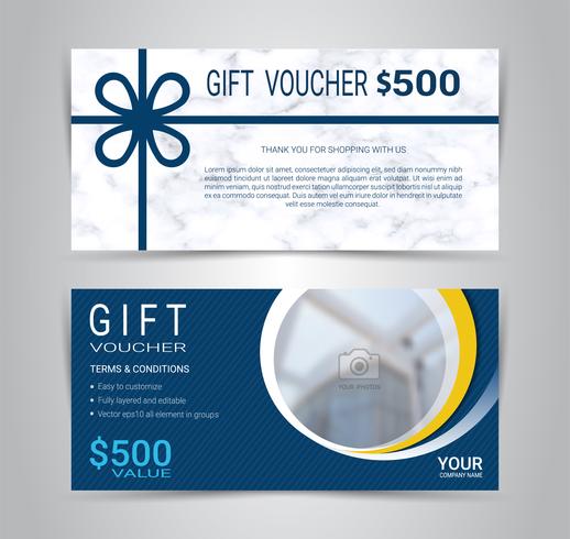 Gift certificates and vouchers cards, discount coupon or banner web template with marble texture imitation. vector