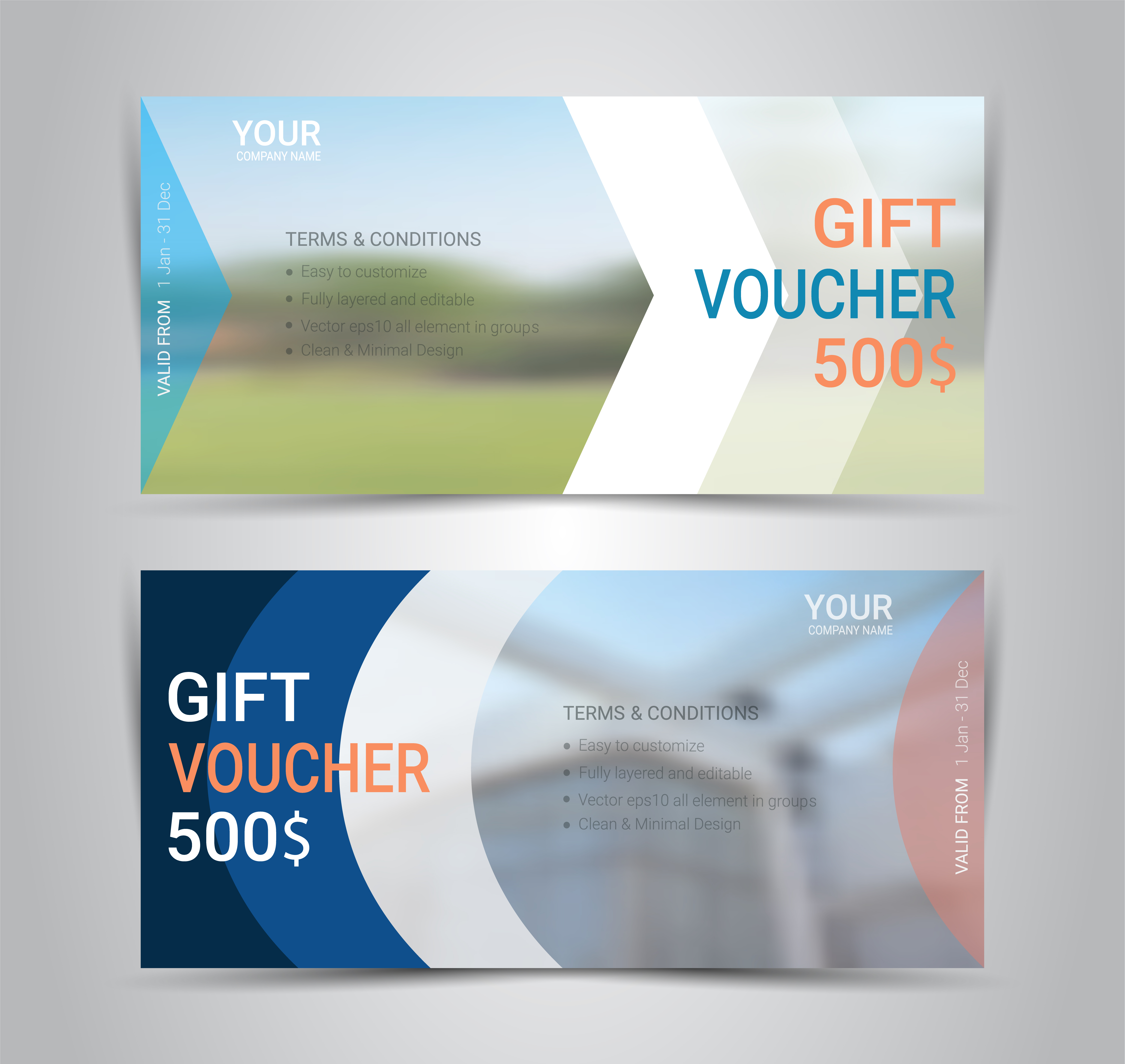 Gift certificates and vouchers, discount coupon or banner web template with blurred background ...