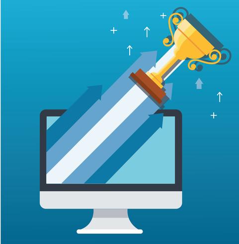 Trophy on arrow icon out of computer, start up business concept illustration  vector