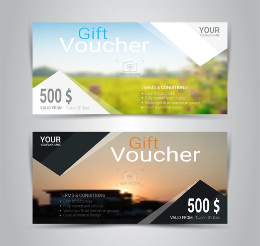 Gift certificates and vouchers, discount coupon or banner web template with blurred background. vector