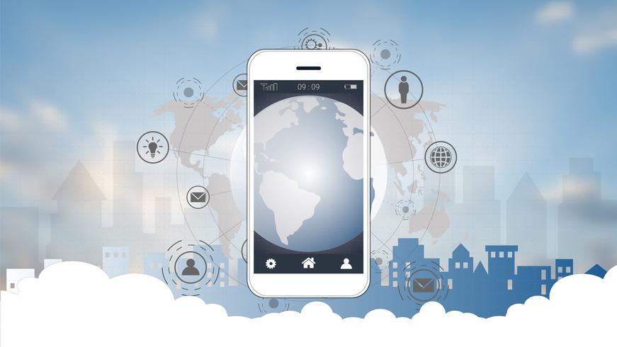 Smart phone screen with Global network connection background. vector