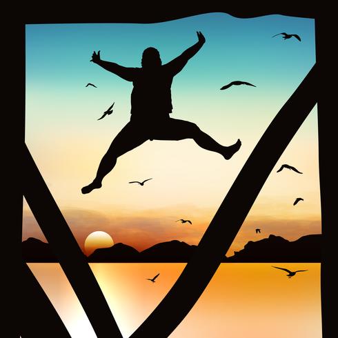 Silhouette and jumping girl in the twilight with blue sky. vector