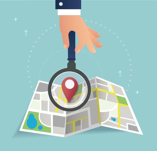 hand holding the magnifying glass and pin location icon and map vector, the concept of travel  vector