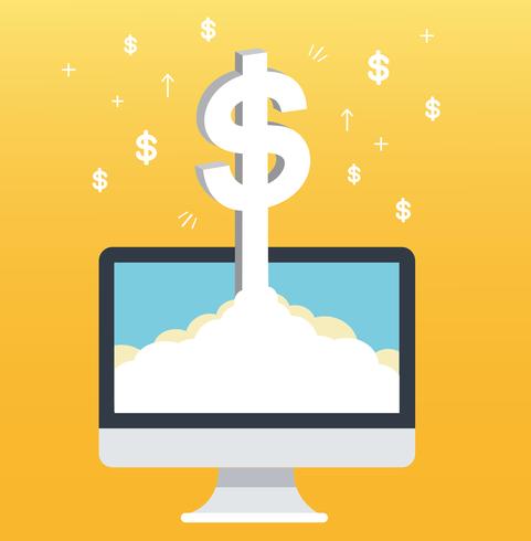 dólar aparece en la pantalla del ordenador y fondo amarillo, ilustración de concepto de negocio exitoso vector