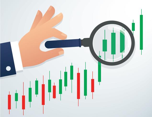 mano sosteniendo la lupa y el gráfico de velas fondo del mercado de valores vector ilustración