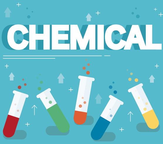 Texto químico y colorido laboratorio lleno de un fondo azul y líquido claro vector