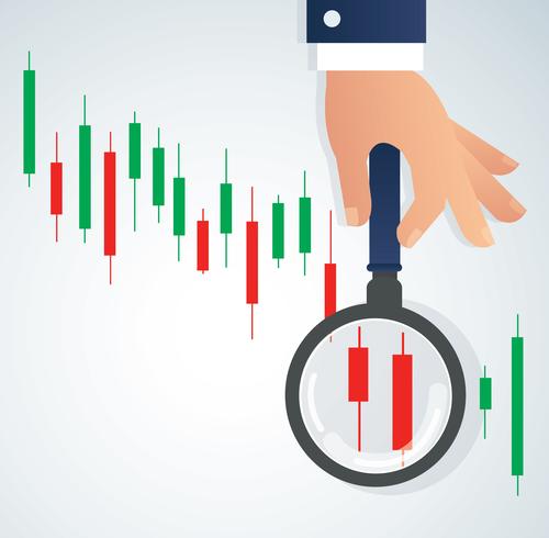 hand holding the magnifying glass and candlestick chart stock market background vector illustration 