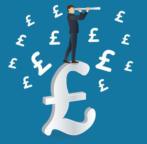 businessman looks through a telescope standing on Pound icon vector