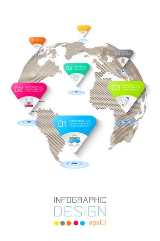 Siete círculos con infografías de iconos de negocios sobre fondo de mapa mundial. vector