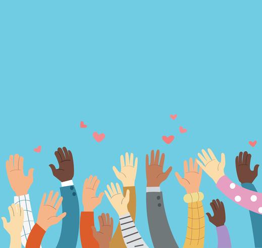 Raised hands volunteering and blue background vector concept