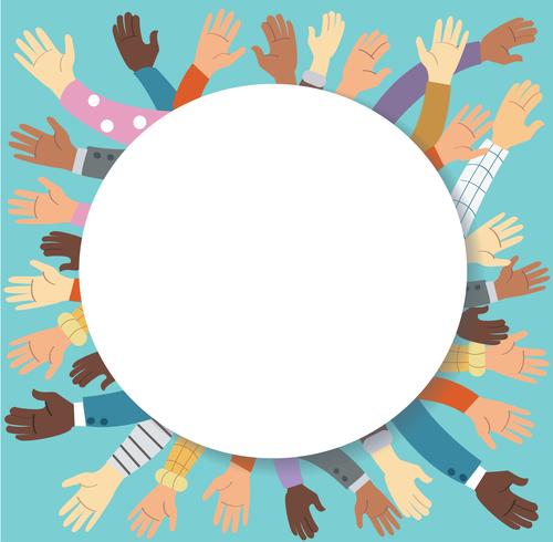 Raised hands volunteering and blue background vector concept