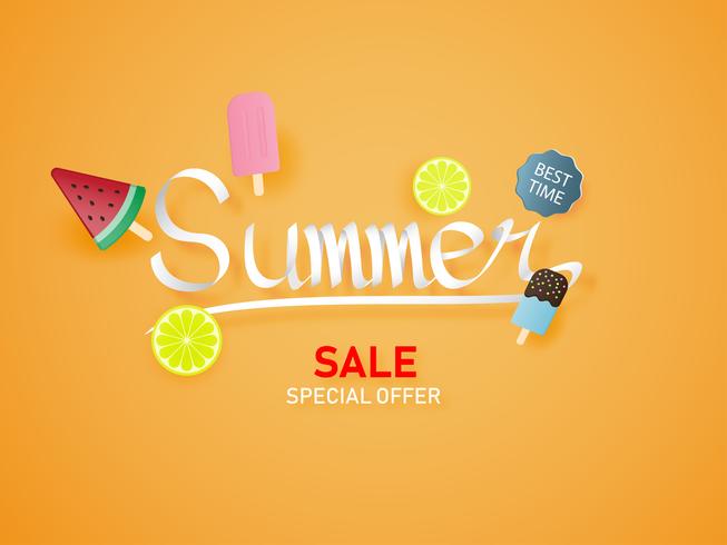 Summer lettering on orange background with ice cream, water melon, lime. Paper art paper cut style.