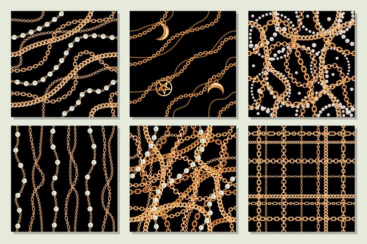 Set collection of samless pattern backgrounds with pears and chains golden metallic necklace. On black. Vector illustration