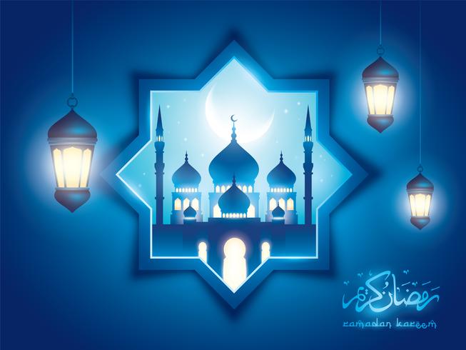 Ramadan Kareem fondo islámico con mezquita y linterna árabe vector