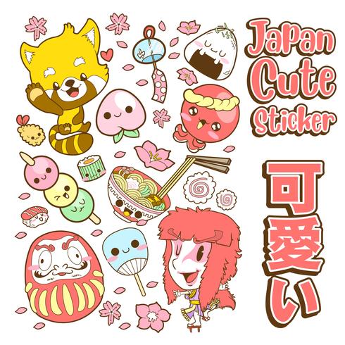 japan cute doodle sticker and background vector